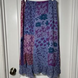 Cynthia Howie Maggy Boutique 100% Silk Blue and Purple Boho Patchwork Maxi Skirt